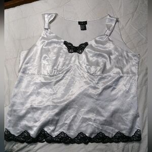 Elegant White Satin Blouse with Black Lace Trim